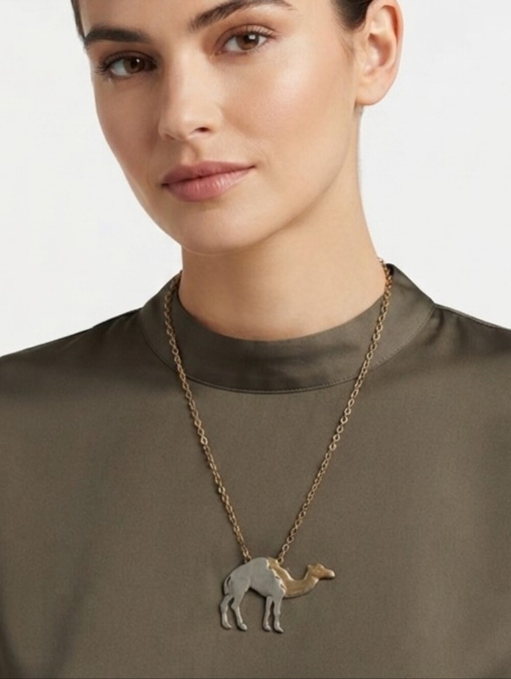 Vintage 60s Two-Tone Gold and Silver Camel Pendant Necklace, 25" Chain